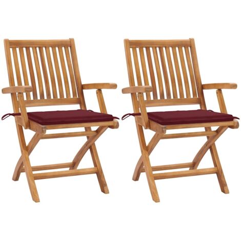 Gartenstühle 2 Stk. mit Weinroten Kissen Teak Massivholz