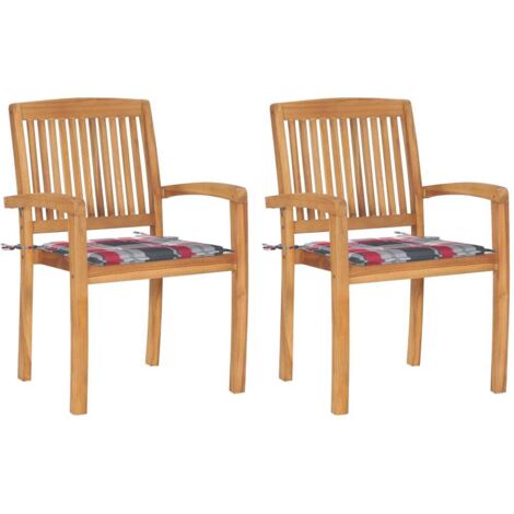 Gartenstühle 2 Stk. Rote Karomuster Kissen Massivholz Teak