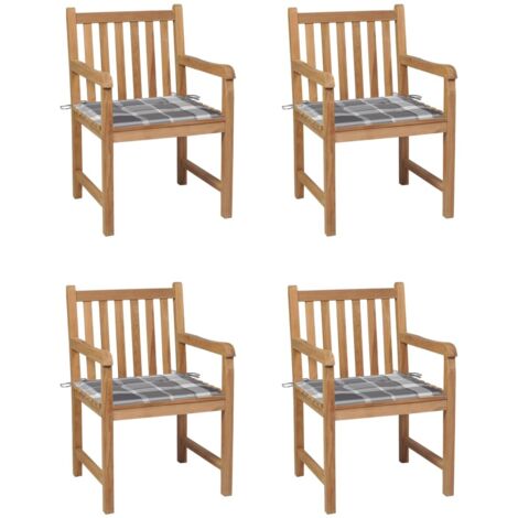 Gartenstühle 4 Stk. Graue Karomuster-Kissen Massivholz Teak