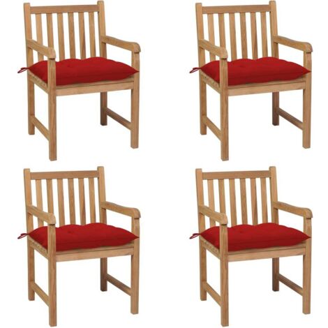 Gartenstühle 4 Stk. mit Roten Kissen Massivholz Teak