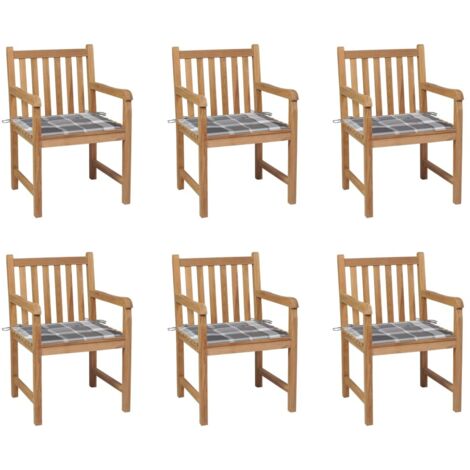 Gartenstühle 6 Stk. Graue Karomuster-Kissen Massivholz Teak vidaXL