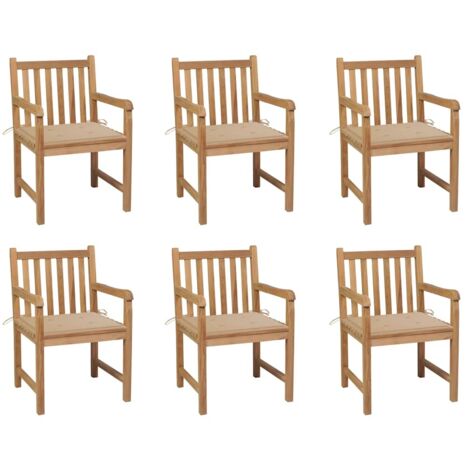 Gartenstühle 6 Stk. mit Beigen Kissen Massivholz Teak