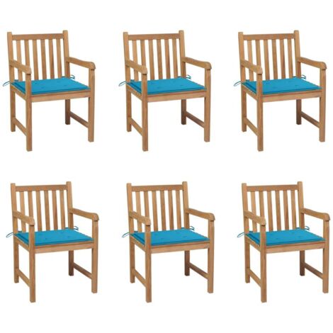 Gartenstühle 6 Stk. mit Blauen Kissen Massivholz Teak