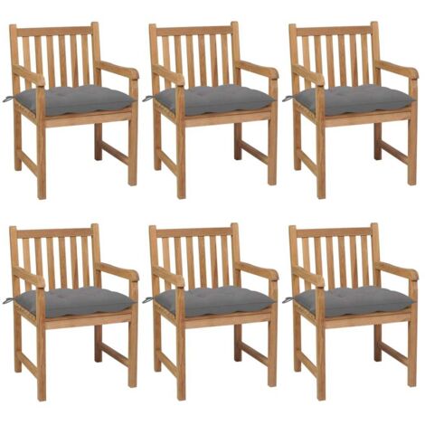 Gartenstühle 6 Stk. mit Grauen Kissen Massivholz Teak