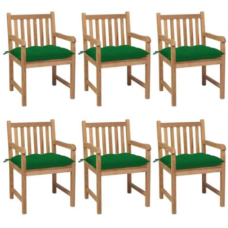 Gartenstühle 6 Stk. mit Grünen Kissen Massivholz Teak