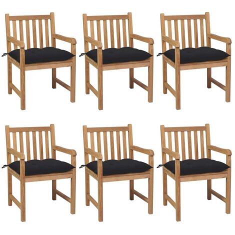 Gartenstühle 6 Stk. mit Schwarzen Kissen Massivholz Teak