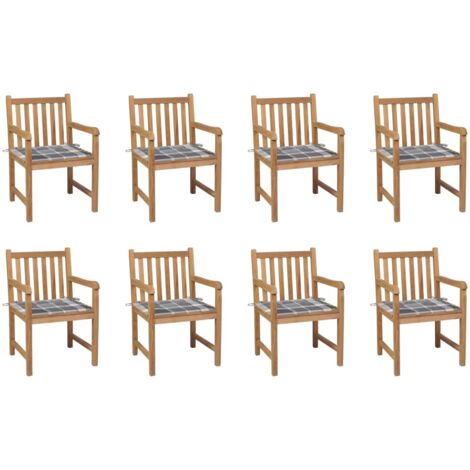 Gartenstühle 8 Stk. Graue Karomuster-Kissen Massivholz Teak