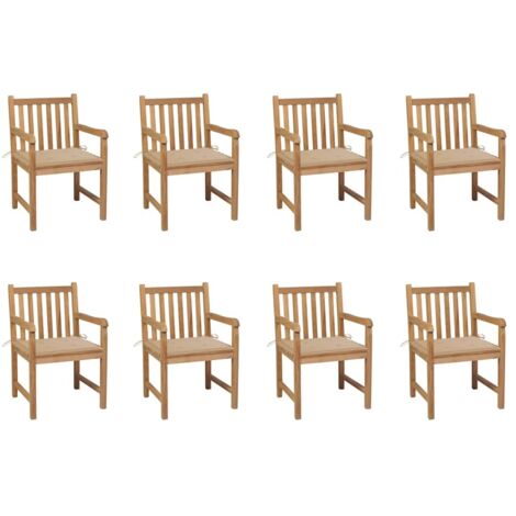 Gartenstühle 8 Stk. mit Beigen Kissen Massivholz Teak