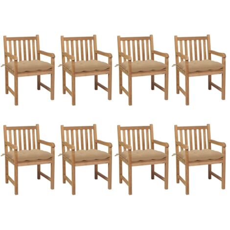 Gartenstühle 8 Stk. mit Beigen Kissen Massivholz Teak