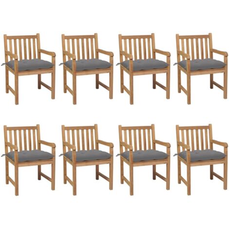 Gartenstühle 8 Stk. mit Grauen Kissen Massivholz Teak
