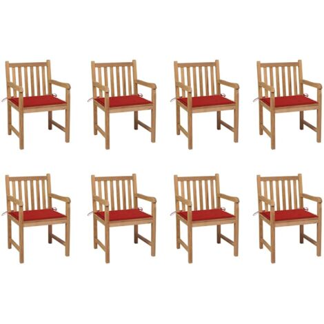 Gartenstühle 8 Stk. mit Roten Kissen Massivholz Teak