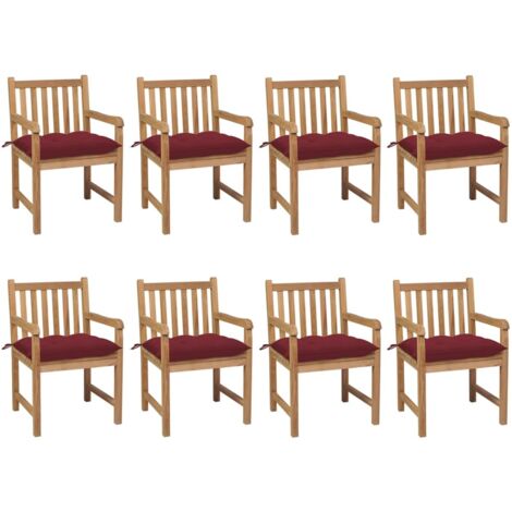 Gartenstühle 8 Stk. mit Weinroten Kissen Massivholz Teak