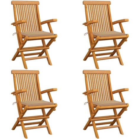 Gartenstühle mit Beige Kissen 4 Stk. Massivholz Teak