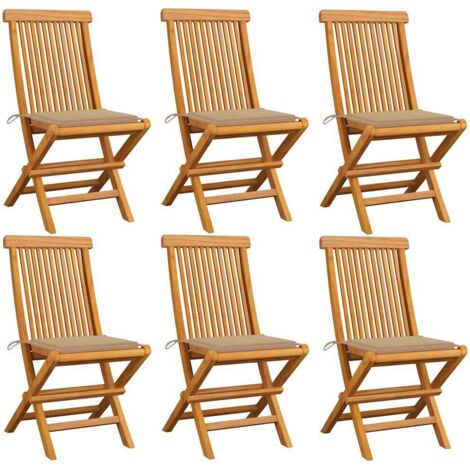 Gartenstühle mit Beige Kissen 6 Stk. Massivholz Teak