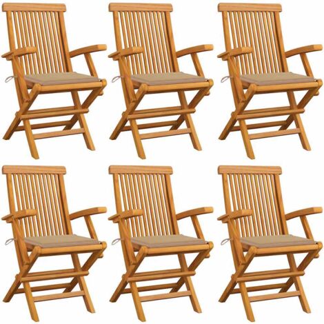 Gartenstühle mit Beige Kissen 6 Stk. Massivholz Teak