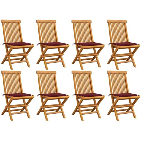 Gartenstühle mit bordeauxfarbigen Kissen, Set von 8, massivem Teakholz
