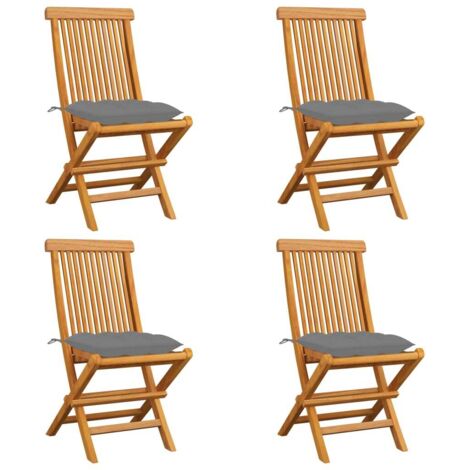 Gartenstühle mit Grauen Kissen 4 Stk. Massivholz Teak