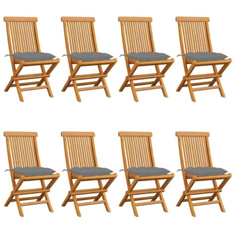 Gartenstühle mit Grauen Kissen 8 Stk. Massivholz Teak