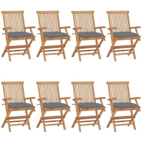 Gartenstühle mit Grauen Kissen 8 Stk. Massivholz Teak
