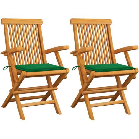 Gartenstühle mit Grünen Kissen 2 Stk. Massivholz Teak