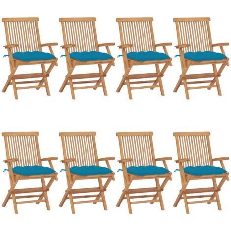 Gartenstühle mit Hellblauen Kissen 8 Stk. Massivholz Teak