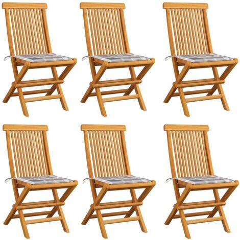Gartenstühle mit Kissen 6 Stk. Grau Karomuster Massivholz Teak