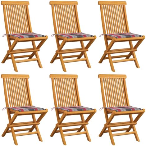 Gartenstühle mit Kissen 6 Stk. Rot Karomuster Massivholz Teak vidaXL