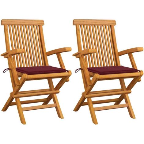 Gartenstühle mit Kissen Bordeauxrot, Set von 2, Massives Teakholz