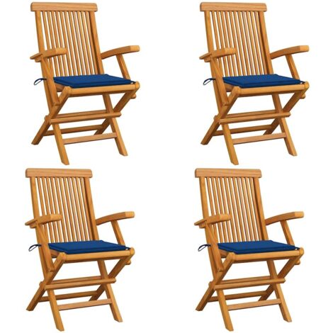 Gartenstühle mit Königsblauen Kissen 4 Stk. Massivholz Teak
