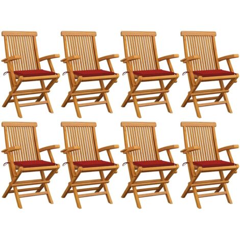 Gartenstühle mit Roten Kissen 8 Stk. Massivholz Teak
