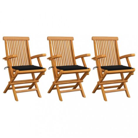 Gartenstühle mit Schwarzen Kissen 3 Stk. Massivholz Teak vidaXL