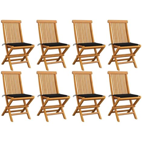 Gartenstühle mit Schwarzen Kissen 8 Stk. Massivholz Teak