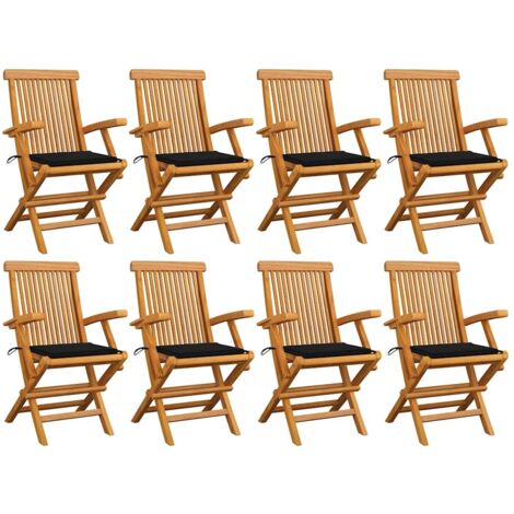 Gartenstühle mit Schwarzen Kissen 8 Stk. Massivholz Teak