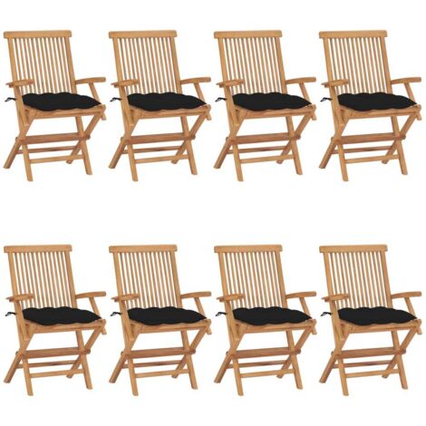Gartenstühle mit Schwarzen Kissen 8 Stk. Massivholz Teak