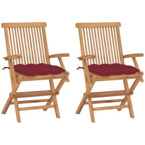 Gartenstühle mit Weinroten Kissen 2 Stk. Massivholz Teak