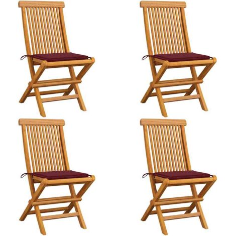 Gartenstühle mit Weinroten Kissen 4 Stk. Massivholz Teak