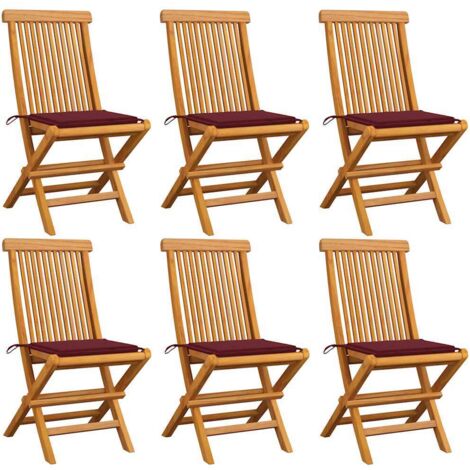 Gartenstühle mit Weinroten Kissen 6 Stk. Massivholz Teak