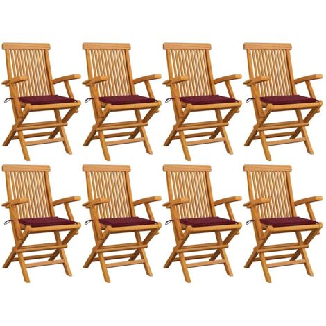 Gartenstühle mit Weinroten Kissen 8 Stk. Massivholz Teak