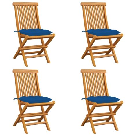 Gartenstühle und Kissen blau im 4er Set aus massivem Teakholz