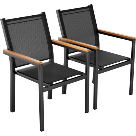 Gartenstuhl 2er Set, Aluminium, Stapelbarer Esszimmerstuhl Textilene, WPC Handlauf, Balkonstühle, für Terrasse, Balkon, Terrasse, Pool, Restaurants, Wetterfest, Schwarz