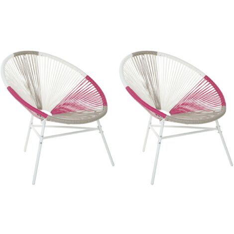 Gartenstuhl 2er Set Weiß Beige Rosa Polyrattan Spaghetti-Optik Modern Mexikanischer Stil Outdoor Balkon Terrasse Garten Möbel