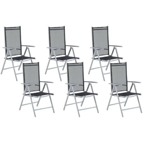 Gartenstuhl 6er Set Schwarz und Silber Aluminium mit Stoffbespannung Verstellbar Klappbar Modern Terrasse Outdoor Balkon Ausstattung Sitzmöbel