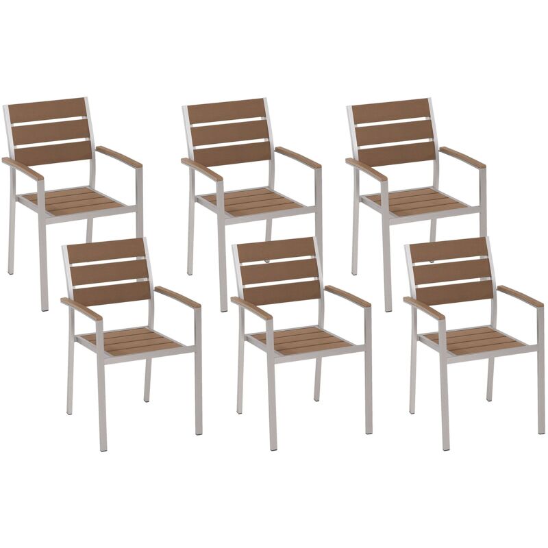 Beliani Gartenstuhl 6er Set Hellbraun Kunstholz Holzoptik Aluminiumgestell Mit Armlehnen Stapelbar Modern Outdoor Indoor Esszimmer Terrasse Balkon