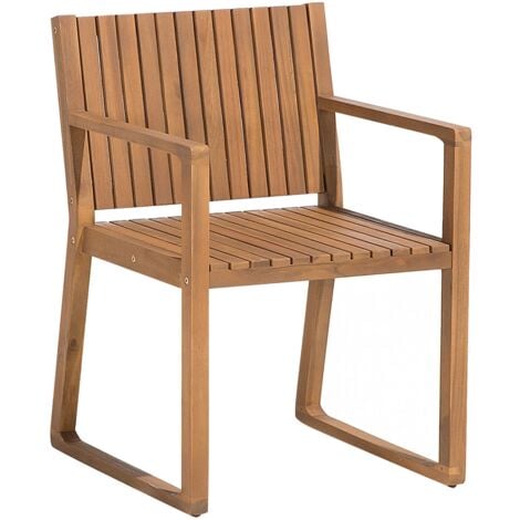 Gartenstuhl Hellbraun Akazienholz mit Armlehnen Lamellen-Optik Holzkufen Rustikal Modern Holzstuhl Outdoor Außenbereich Terrasse Balkon