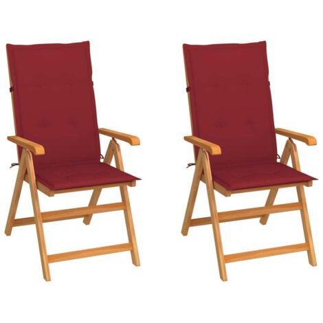 Gartenstuhlset von 2 mit bordeauxfarbenen Kissen aus massivem Teakholz