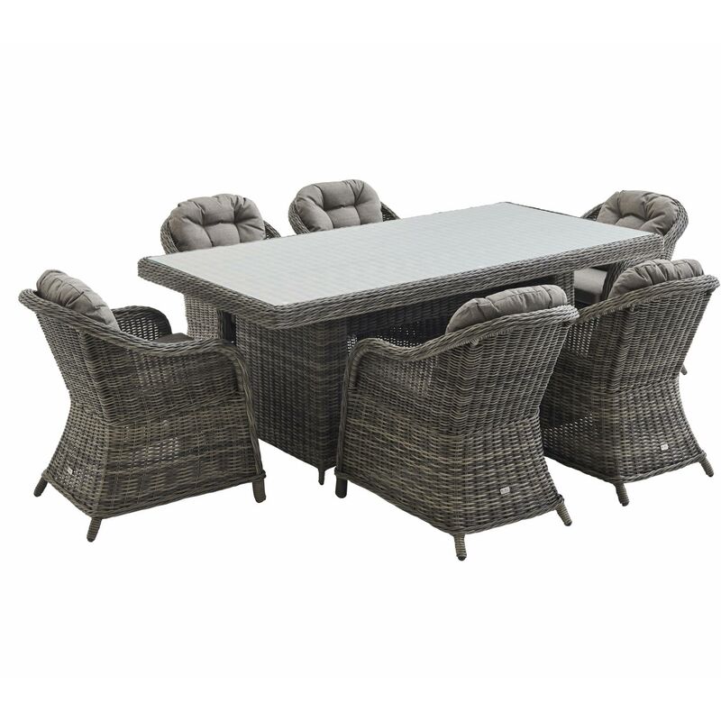 Gartentisch aus abgerundetem Polyrattan - Lecco Grau- Beigefarbene Kissen - 6 Sessel, 6 Plätze, 1 großer Tisch