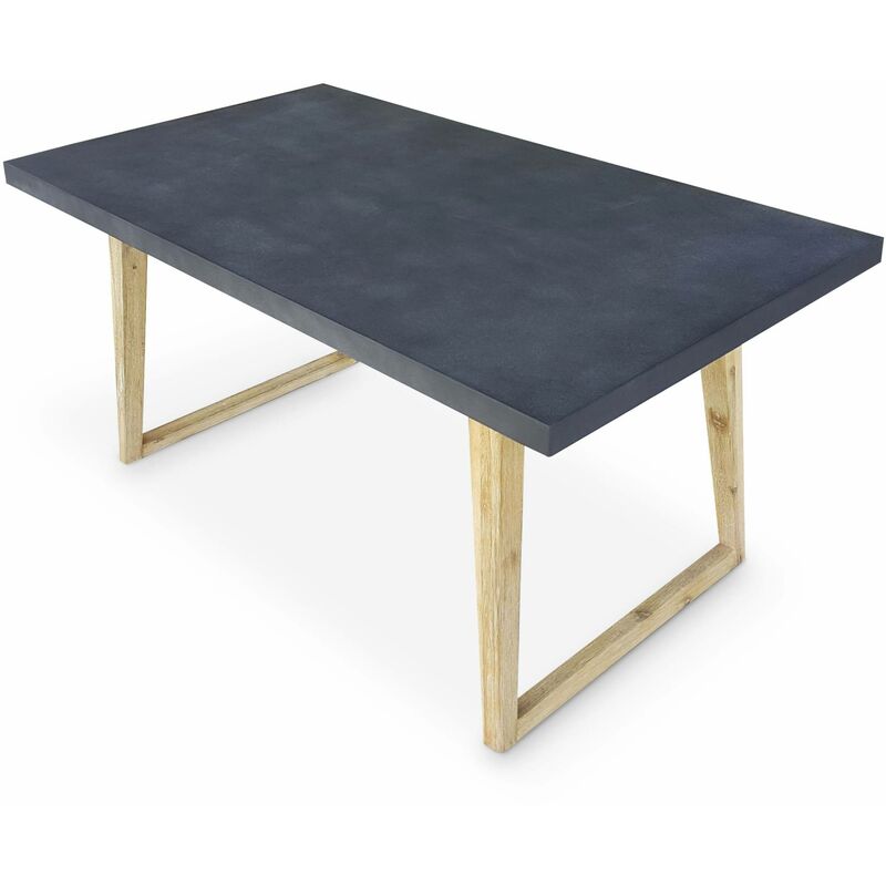 Gartentisch aus Faserzement 160 cm, U-förmiger Holzfuß - BORNEO - 4 Personen, Akazienbeine, graue Platte