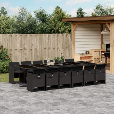 Gartentischset 13 Teile mit schwarzen Kissen aus Geflecht