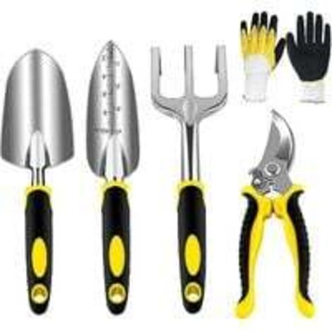 Gartenwerkzeug-Set – Handwerkzeug-Set – Gartenset mit robusten Gussaluminiumköpfen und ergonomischen Griffen – mit Gartenschere/Kelle/Pflanzmaschine/Handrechen/Handschuhen