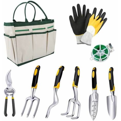 Gartenwerkzeug-Set mit Kelle, Heugabel, Pflanzmaschine, Rechen, Unkrautstecher, Schere, Pflanzenseil, Handschuhen
